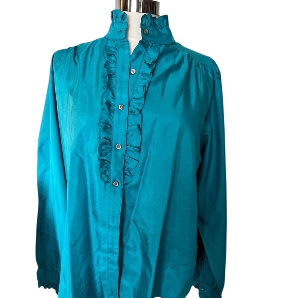 Shape ly Teal Ruffled Mock Neck Blouse Shirt Women's‎ Size 42